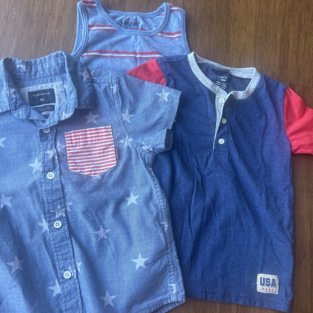 Quiksilver Shirt Set Boys 4T Patriotic Red White Blue Flag 4th Collar Button Tee - Picture 15 of 15